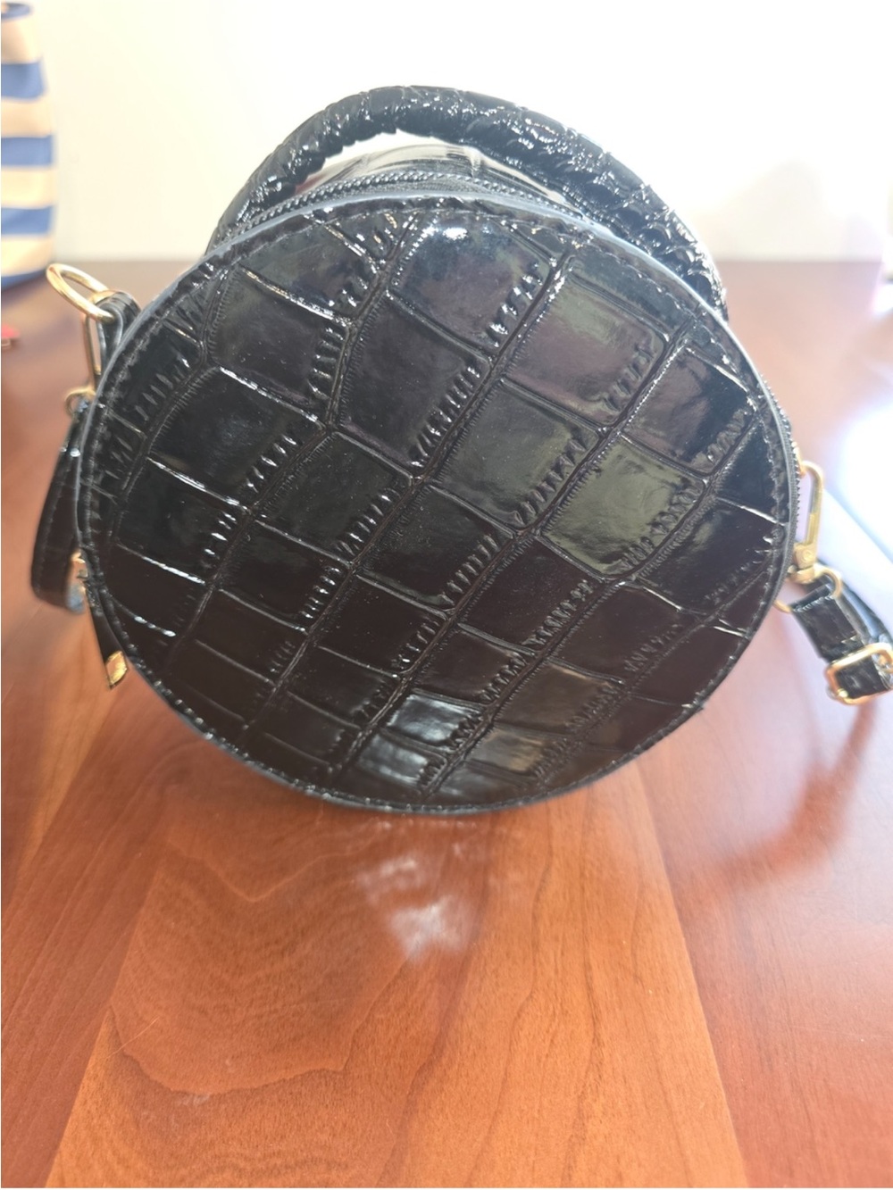 Black Croc-Embossed Round Crossbody Bag
